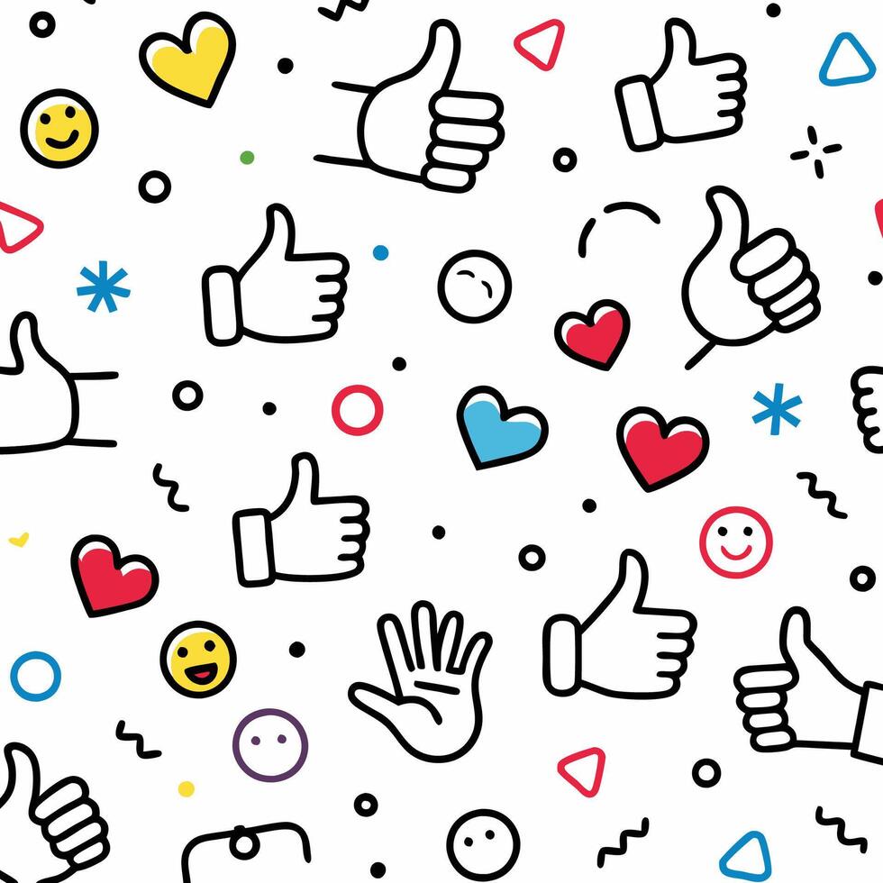 a seamless pattern with thumbs up and hearts vector