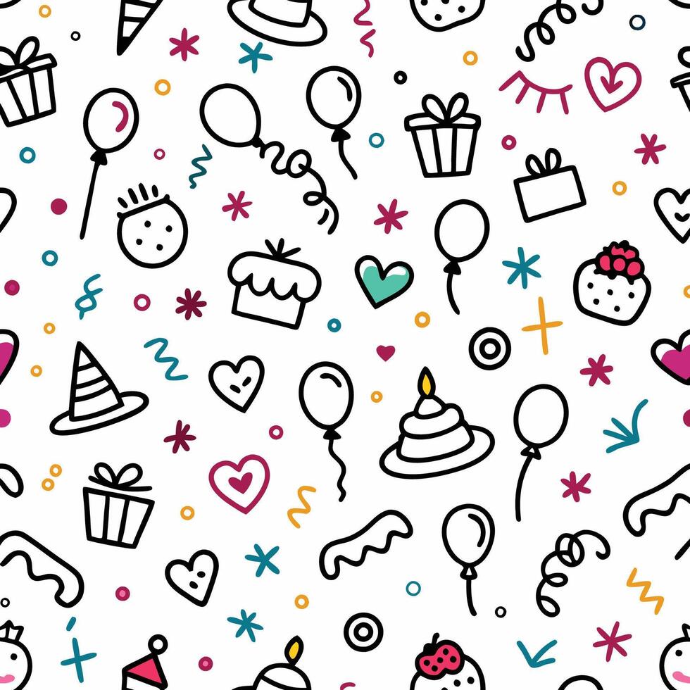seamless pattern with birthday party items on a white background vector