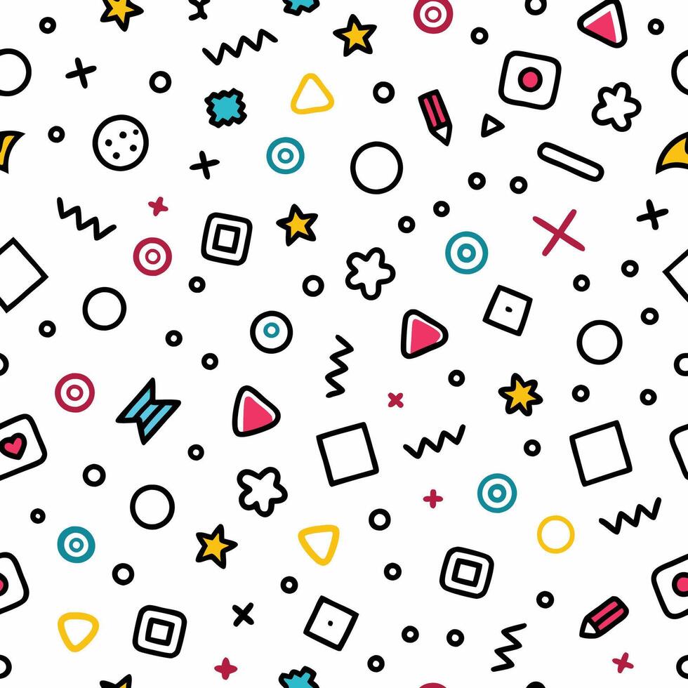 seamless pattern with colorful shapes, and lines on a white background vector