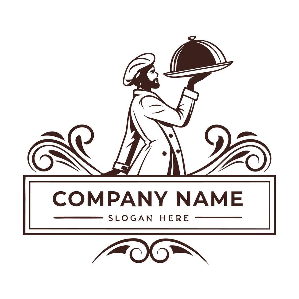 a logo for a restaurant with a waiter holding a tray vector