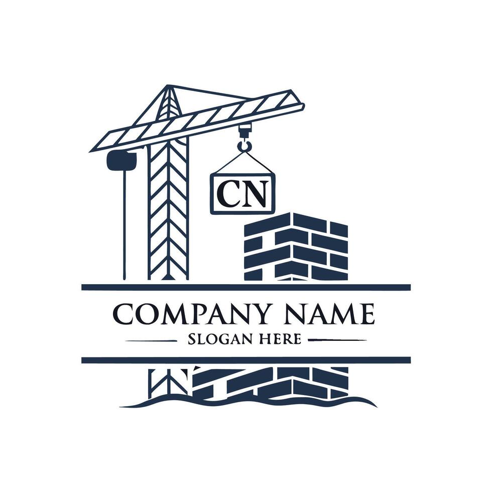 construction company logo with crane and brick building vector