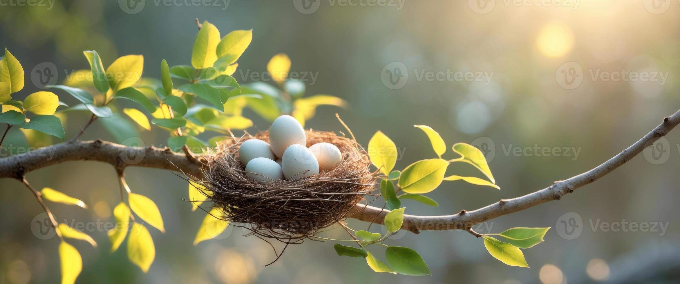 Nest with eggs resting among vibrant green leaves on a sunlit branch in a serene outdoor setting photo