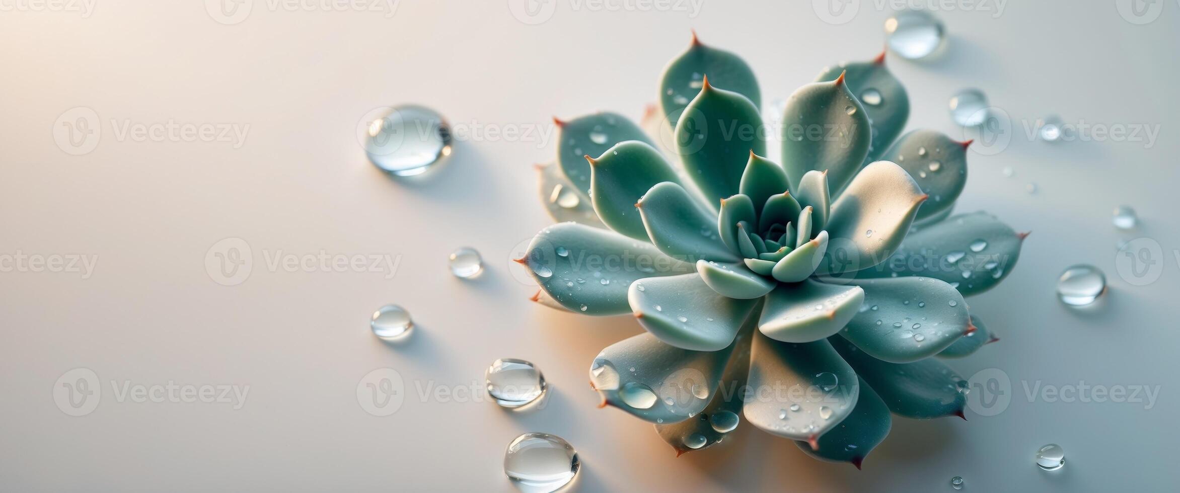Macro succulent leaf with water droplets under soft light. photo