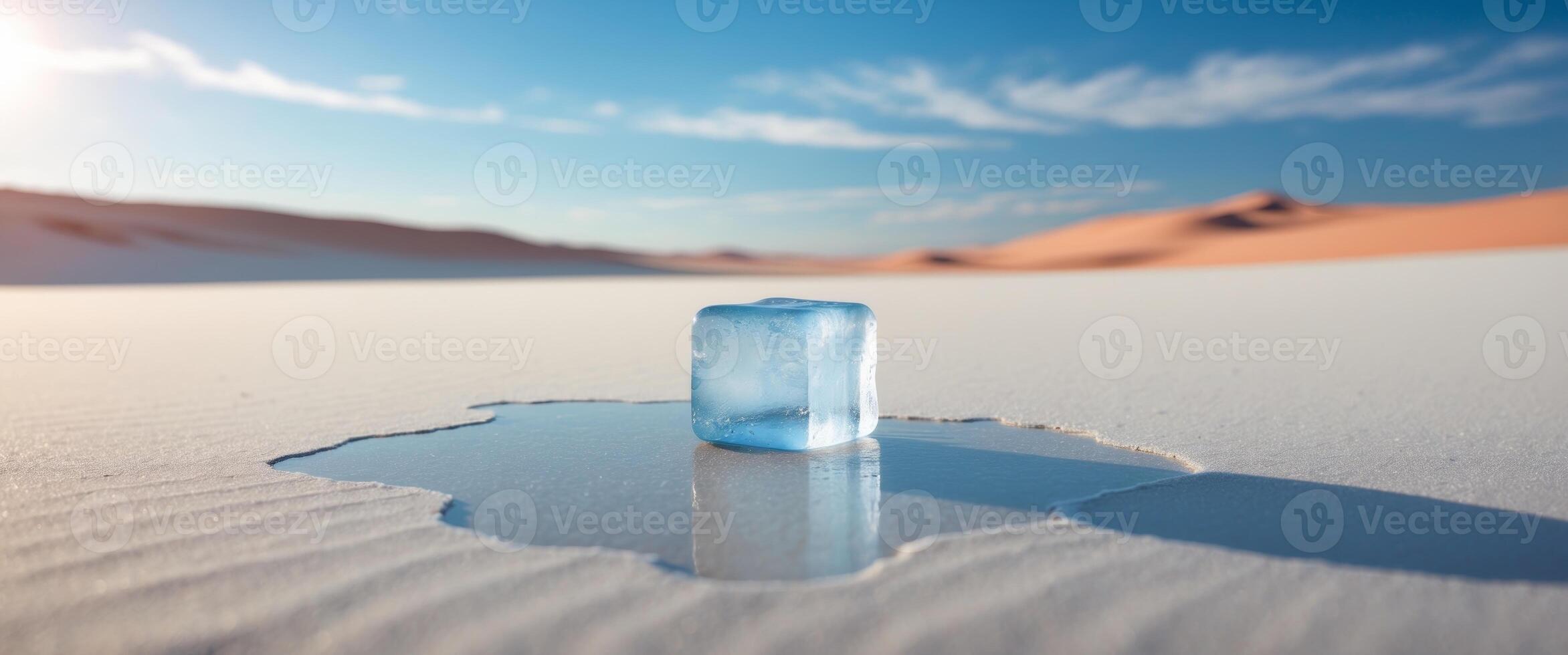 Ice Cube Melting on Desert Beach Global Warming Concept photo