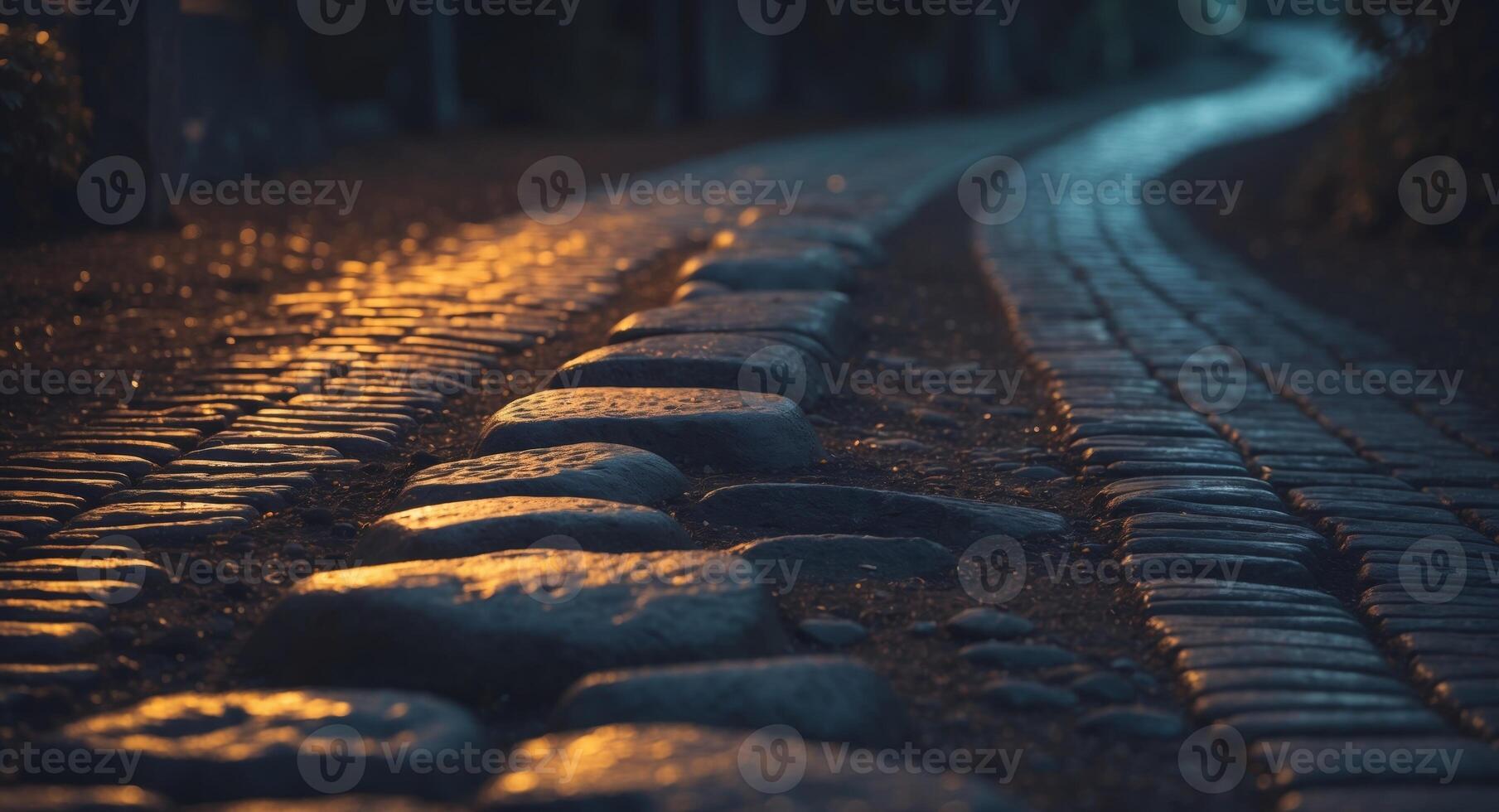 Illuminated Cobblestone Path at Night Glowing with Warm Light photo