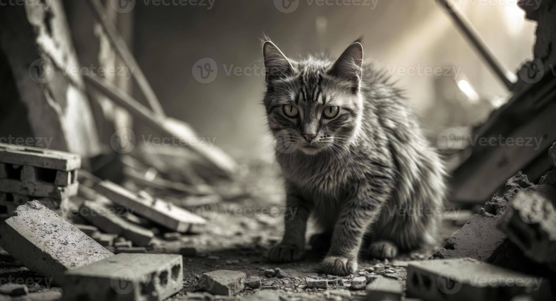 Homeless cat hiding in destroyed building rubble looking with hope. photo