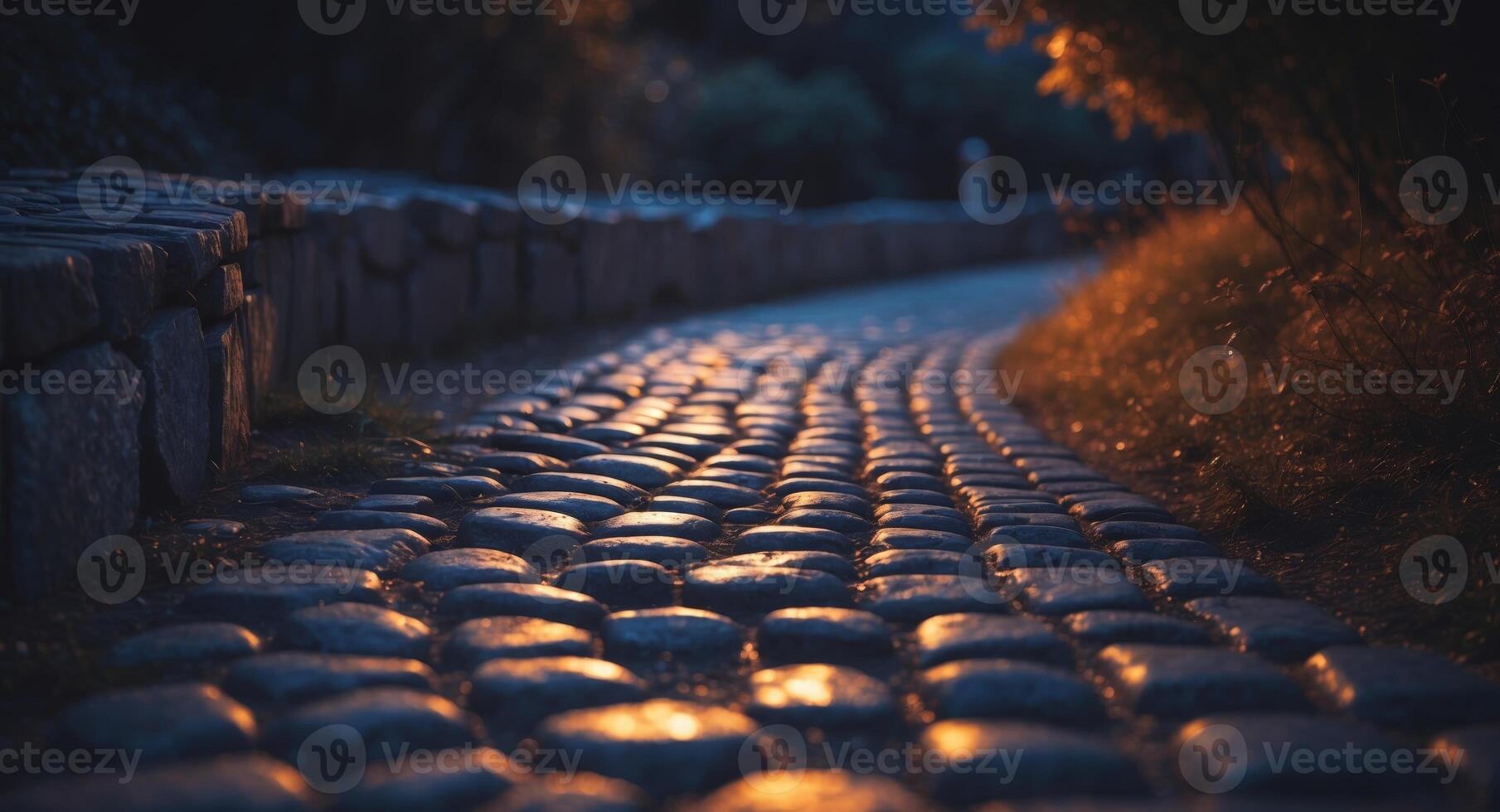 Illuminated Cobblestone Path at Night Glowing with Warm Light. photo