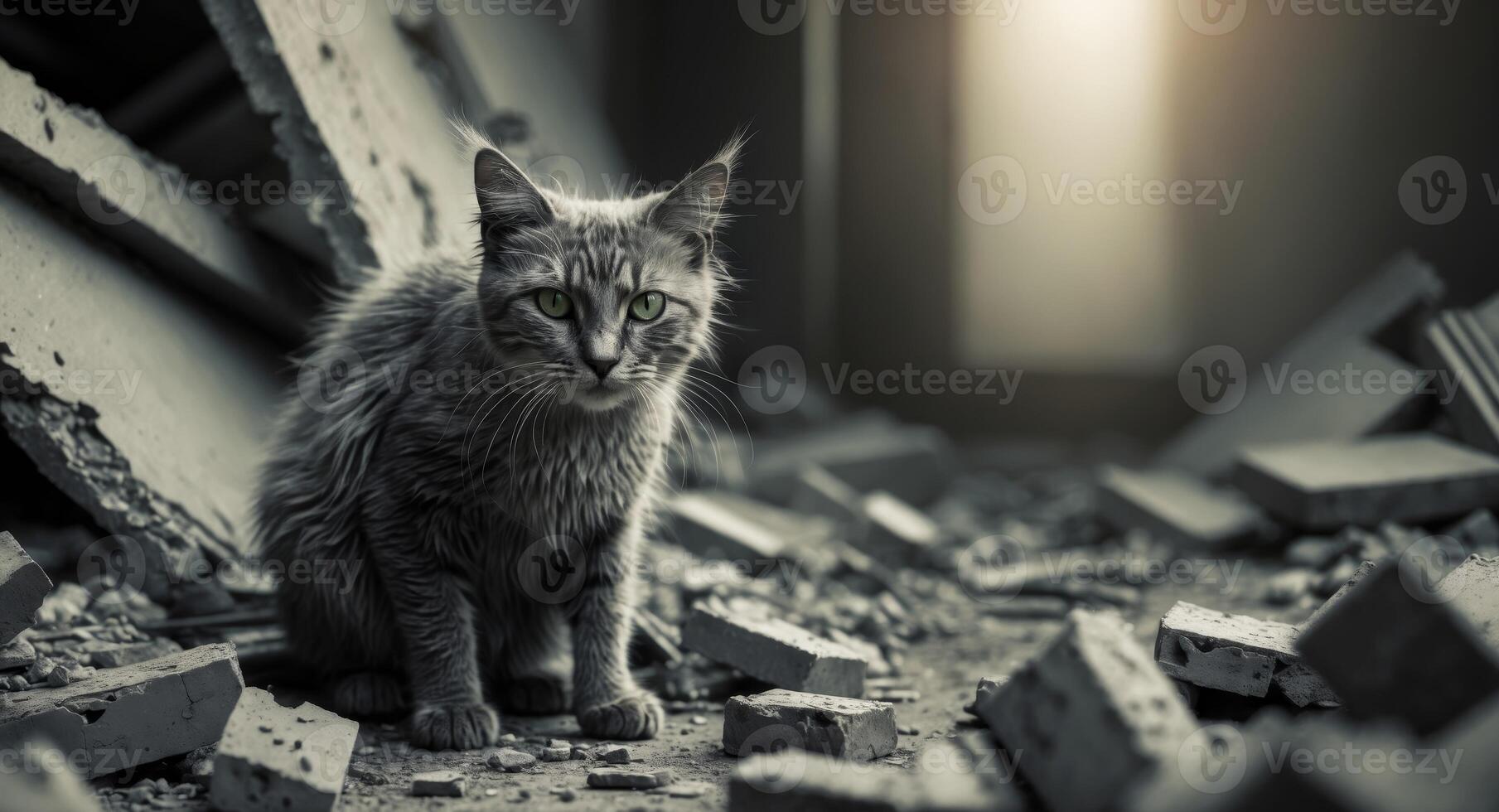 Homeless cat hiding in destroyed building rubble looking with hope photo