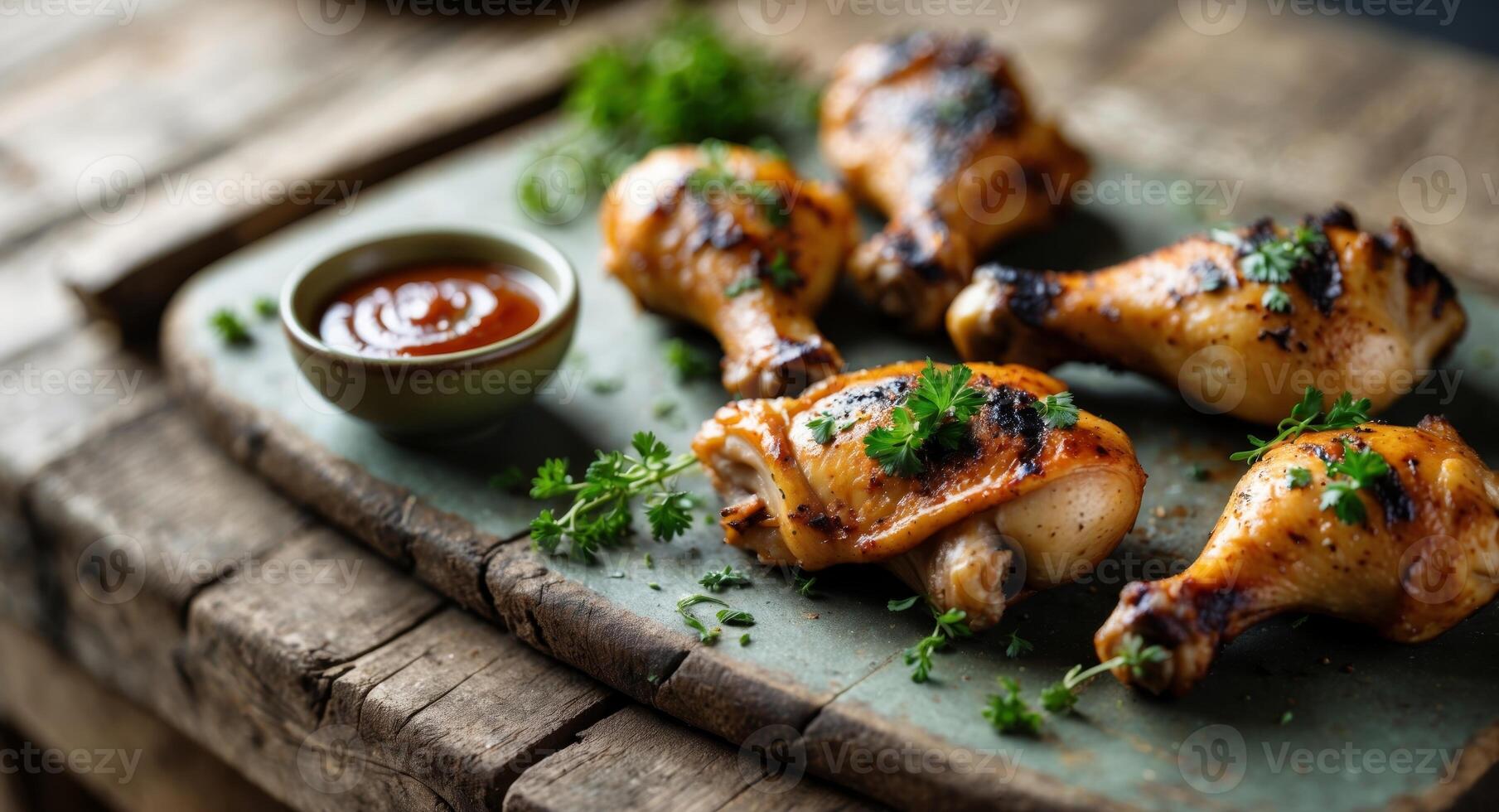 Grilled chicken drumsticks and thighs garnished with herbs on a wooden board with sauce. photo