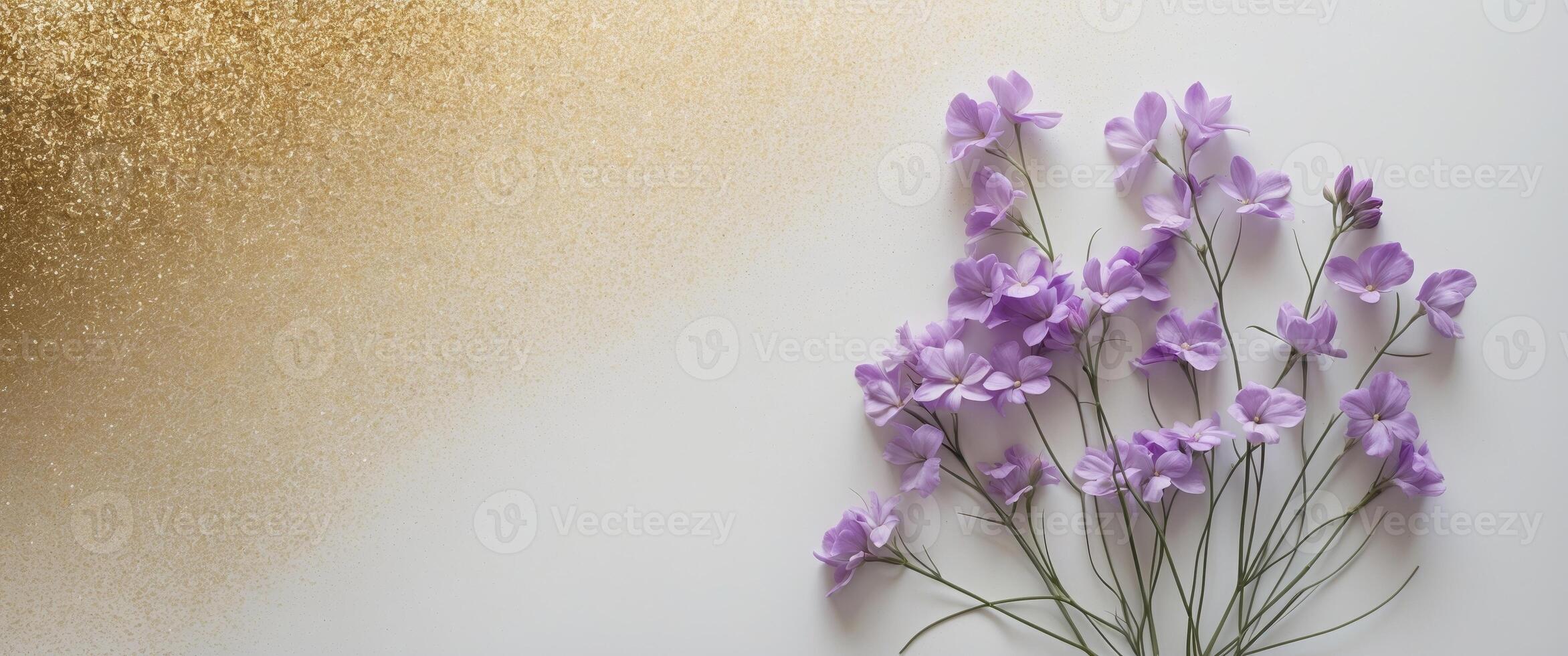 Golden Glitter Background with Purple Flowers Festive Sparkle Texture photo