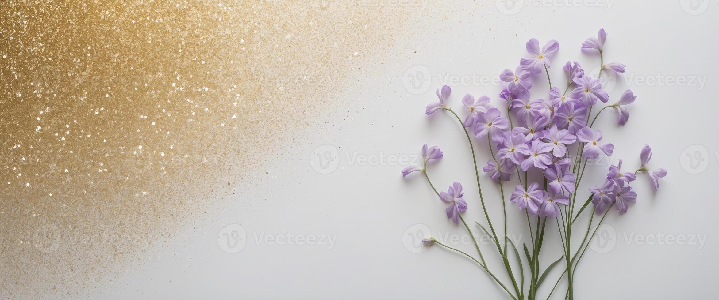 Golden Glitter Background with Purple Flowers Festive Sparkle Texture. photo