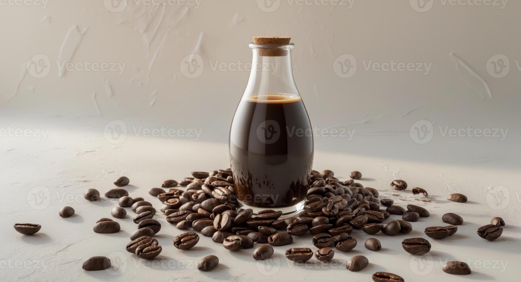 Glass bottle filled with dark beverage surrounded by scattered coffee beans on a neutral background. photo