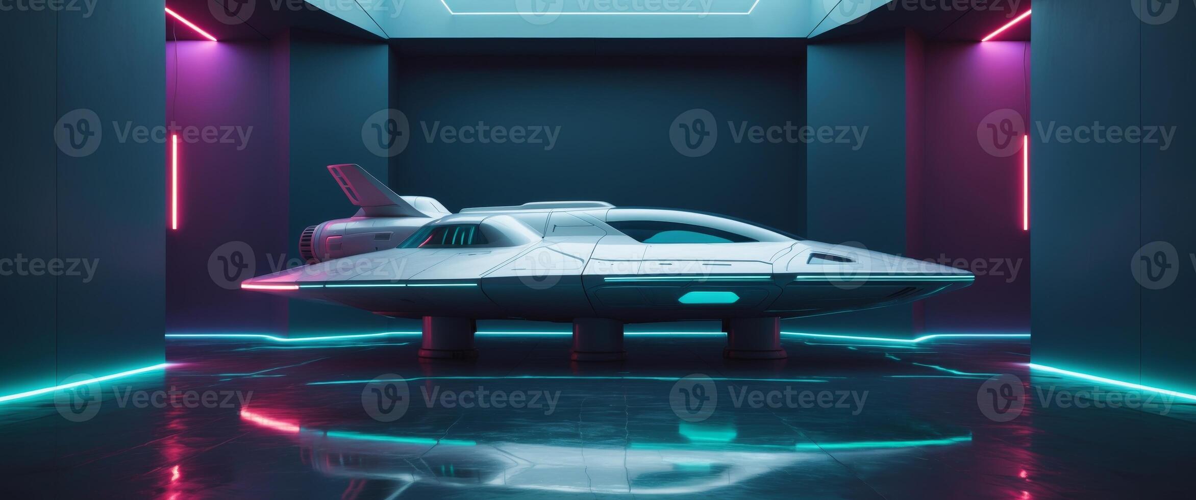 Futuristic Spaceship in Dark Colorful Room with Vibrant Lights and Reflective Floor. photo