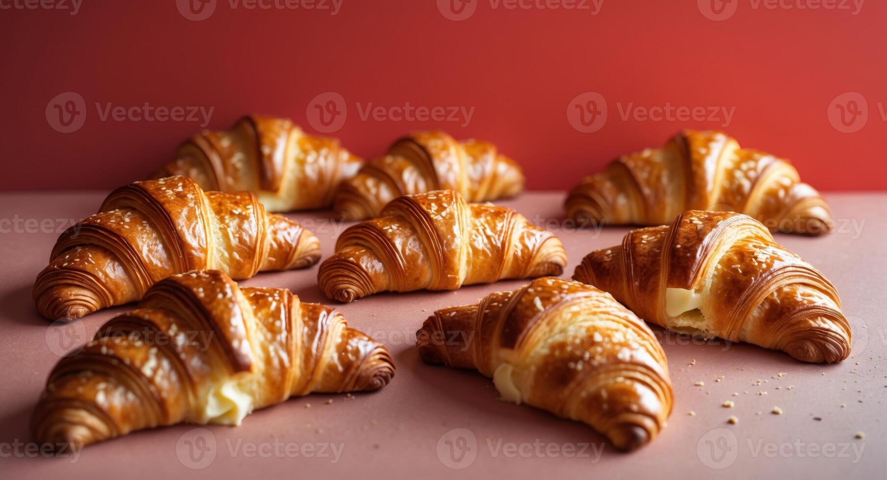 Freshly baked buttery golden croissants showcase their flaky texture on a vibrant red background for a delightful breakfast experience. photo