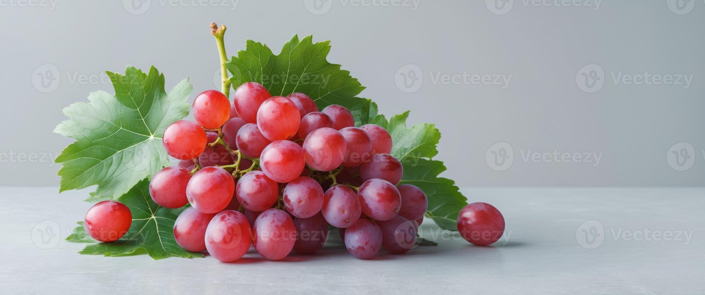 Fresh red grapes with green leaves on gray background for healthy food and nutrition concepts. photo