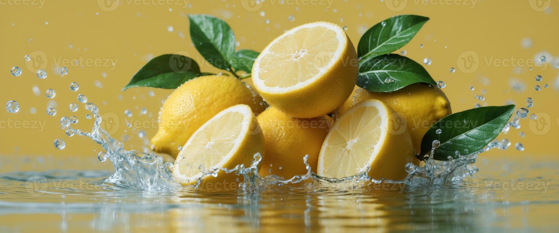 Fresh lemons splashing in water with vibrant yellow background and green leaves accentuating the composition. photo