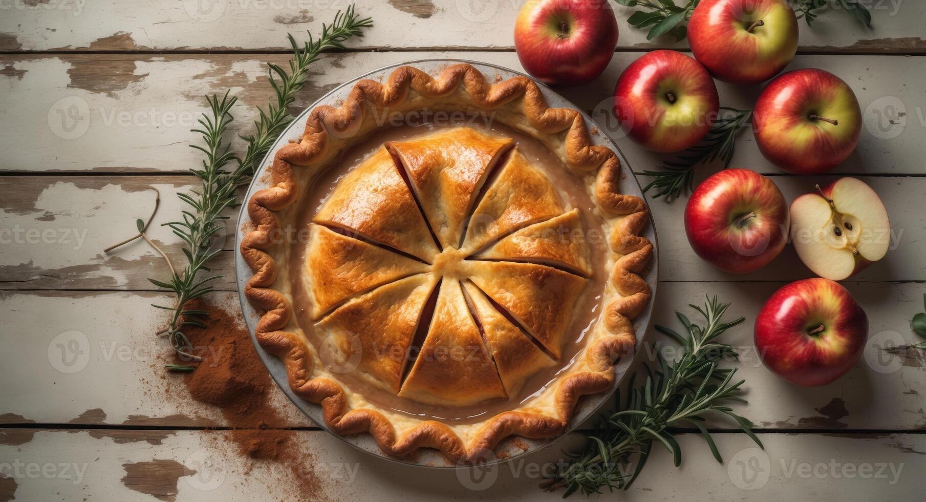 Freshly Baked Apple Pie with Golden Crust on Rustic Table Surrounded by Apples and Spices. photo