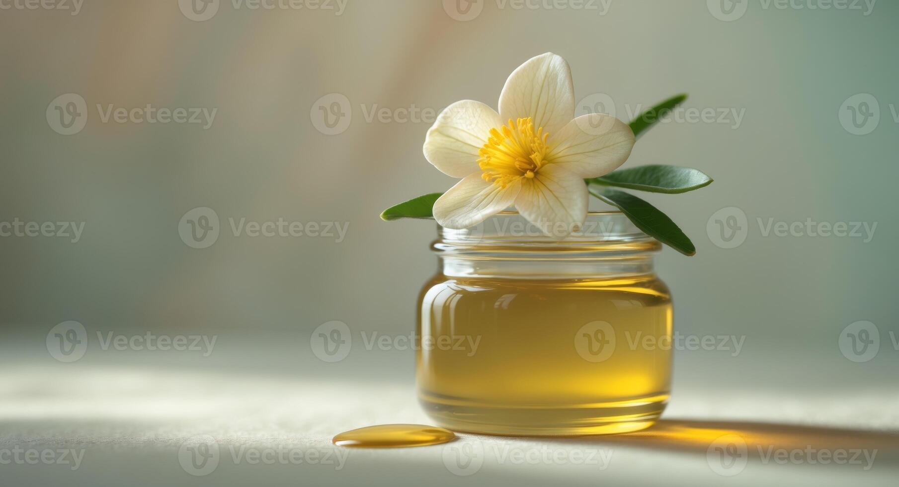 Evening primrose oil in a clear glass jar with a single evening primrose flower on photo