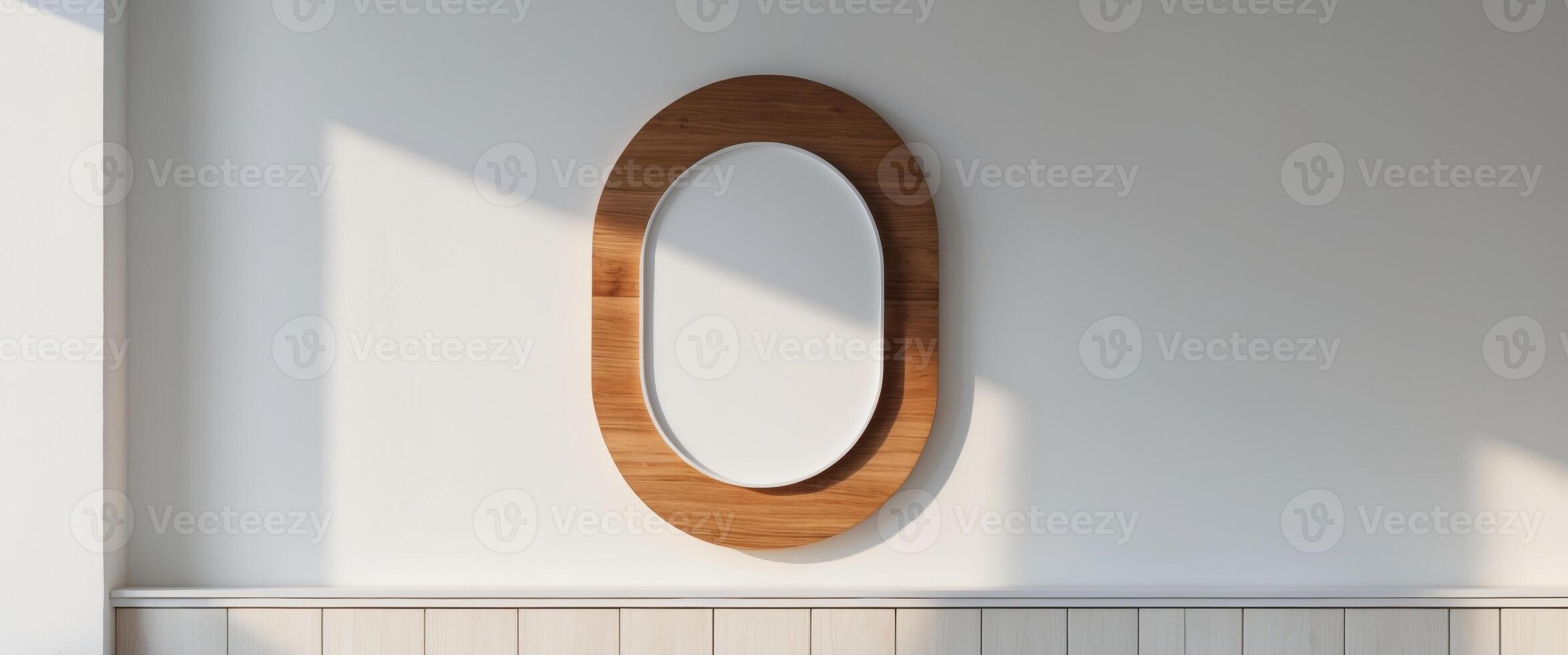 Wooden Signage Display Featuring Blank Oval Design on Wall photo