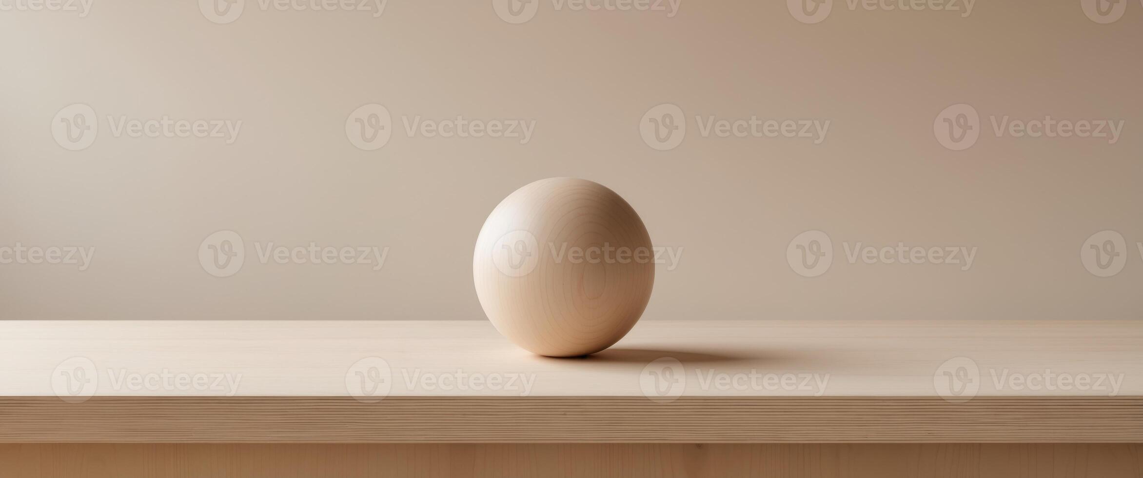 Wooden sphere standing on wooden surface with wooden background. photo