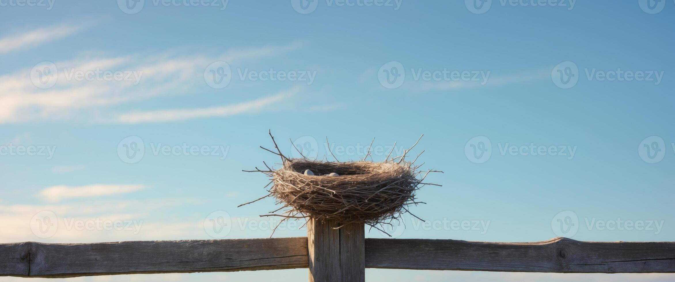 Empty Bird Nest on Wooden Fence Under Clear Blue Sky Background photo