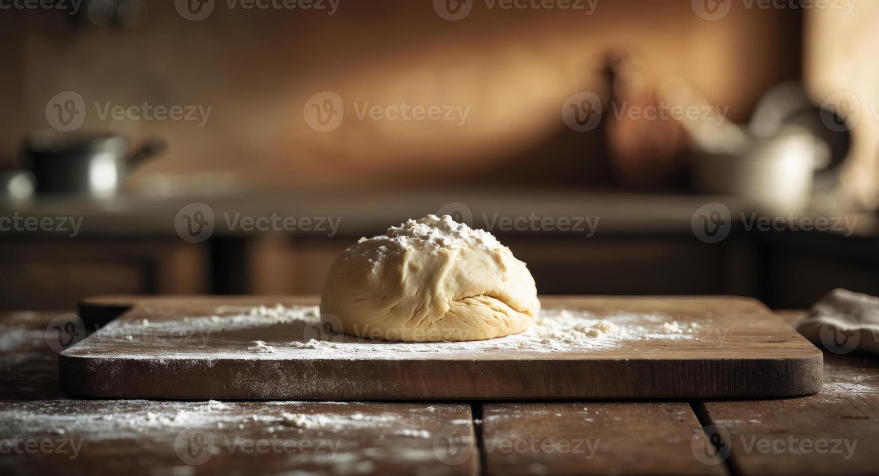 Wooden cutting board with pastry dough ready for baking and preparation in a kitchen setting. photo
