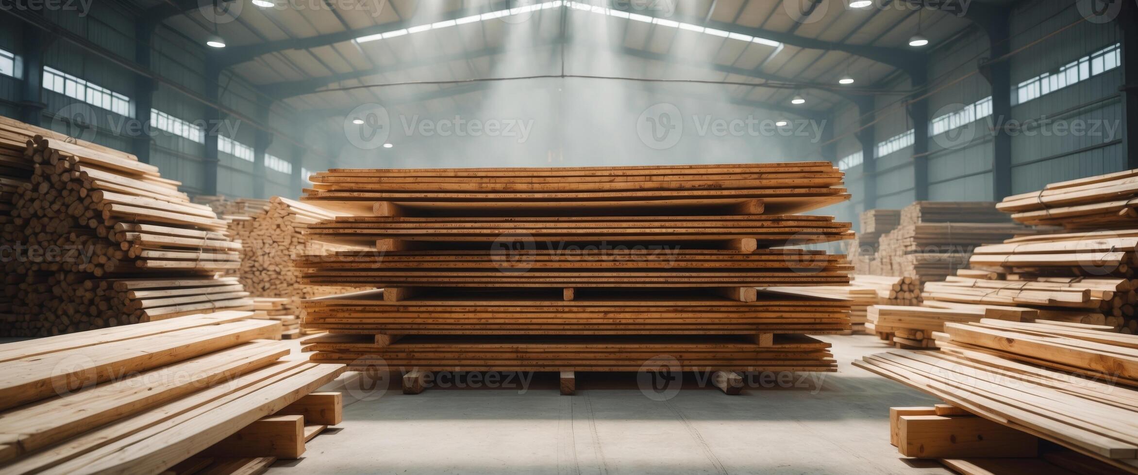 Wooden Planks Stacked Neatly in a Brightly Lit Lumber Warehouse Surrounded by Piles of Freshly Cut Timber Ready for Processing and Distribution photo