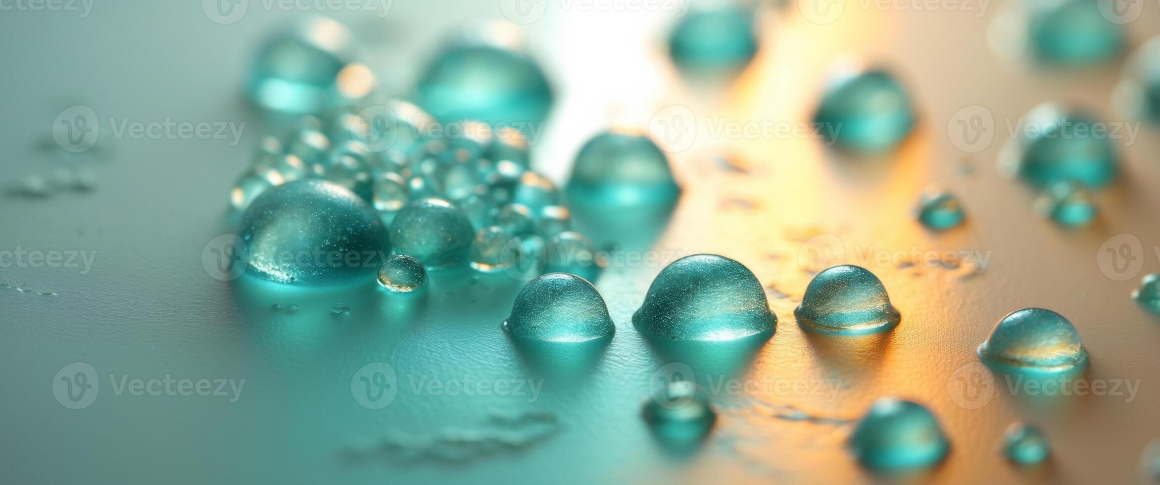 Water Droplets on Teal and Amber Surface A Close up View photo