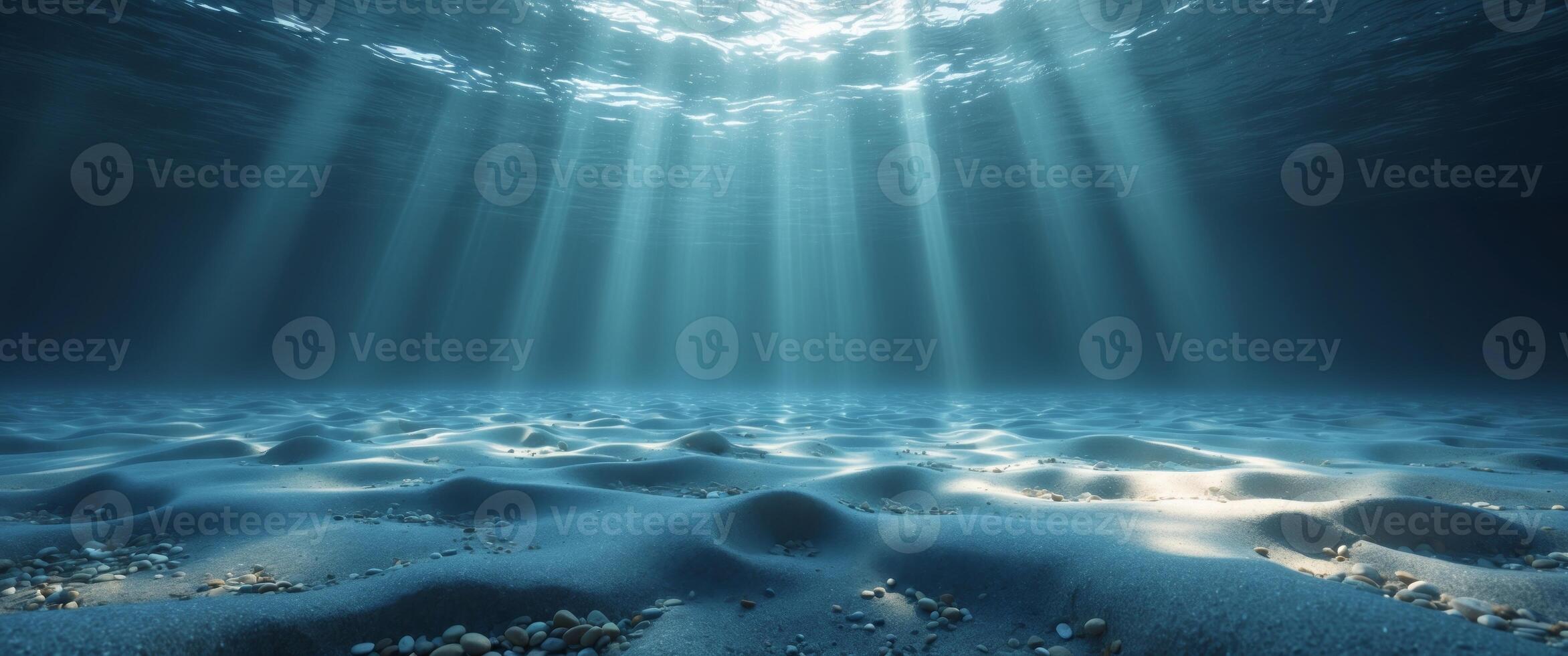 Underwater Sunlight Rays Illuminating Deep Ocean Floor. photo