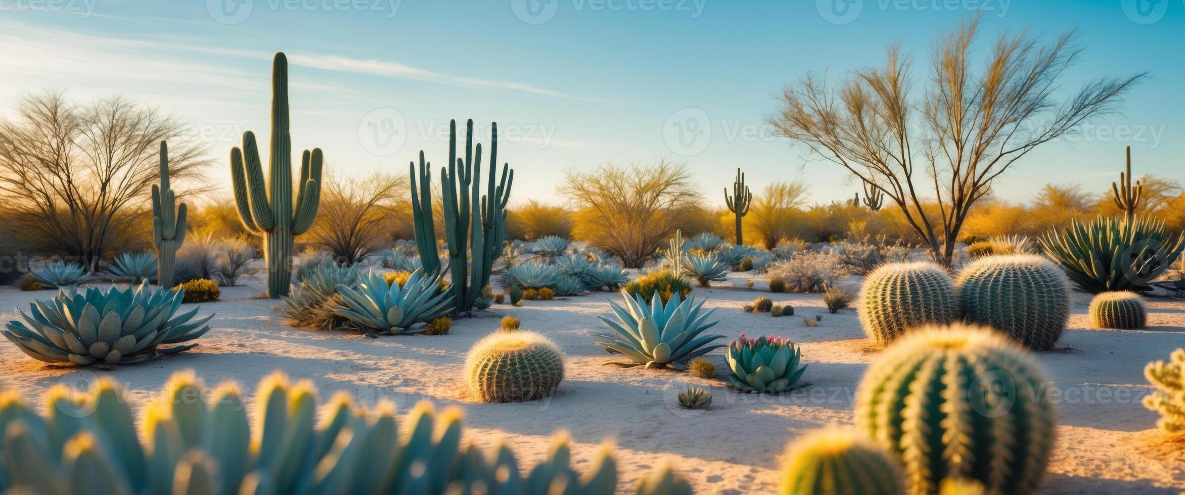 Variety of cacti and succulents in desert garden under bright sunny sky with some trees photo