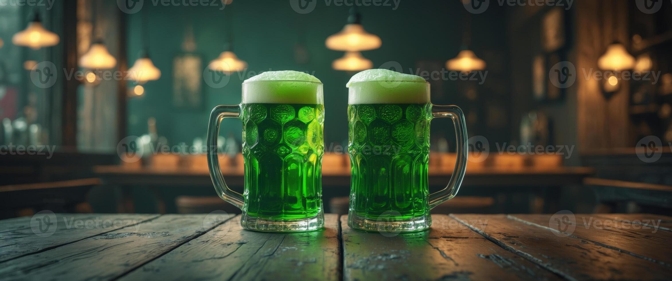 Two Frothy Green Beer Mugs on Wooden Table in Dark Pub photo
