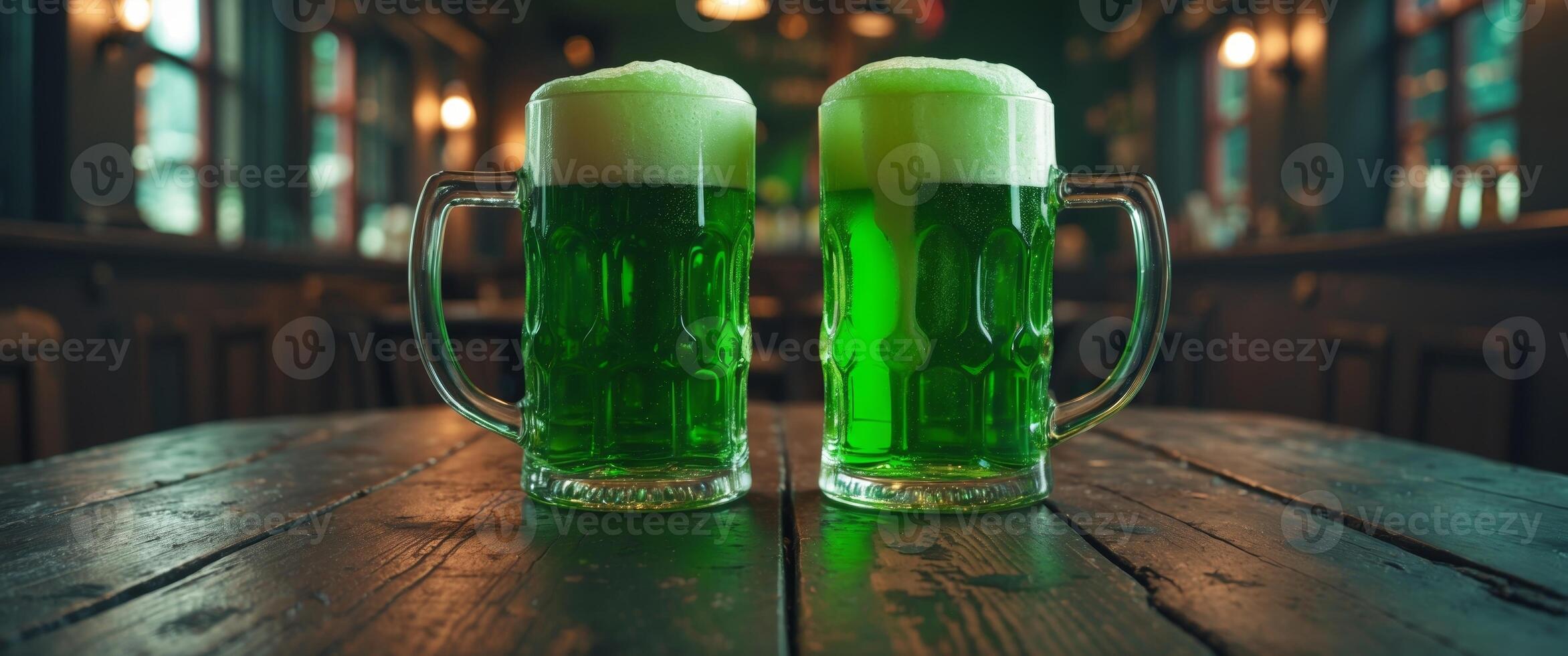 Two Frothy Green Beer Mugs on Wooden Table in Dark Pub. photo