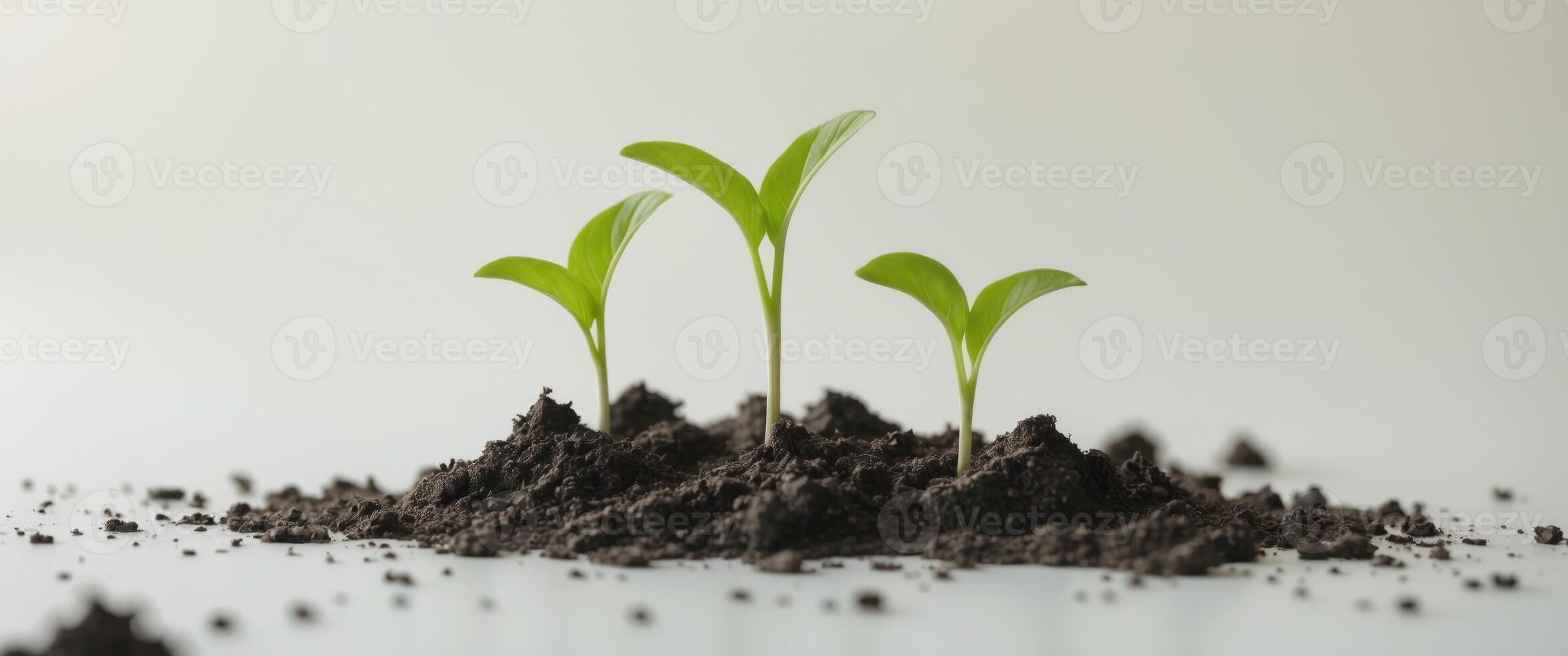 three green seedlings growing from soil symbolizing growth and renewal. photo