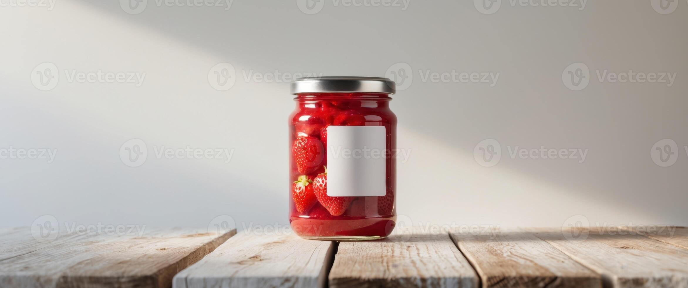 Sweet and healthy strawberry fruit jam in a glass jar on a wooden kitchen table. photo