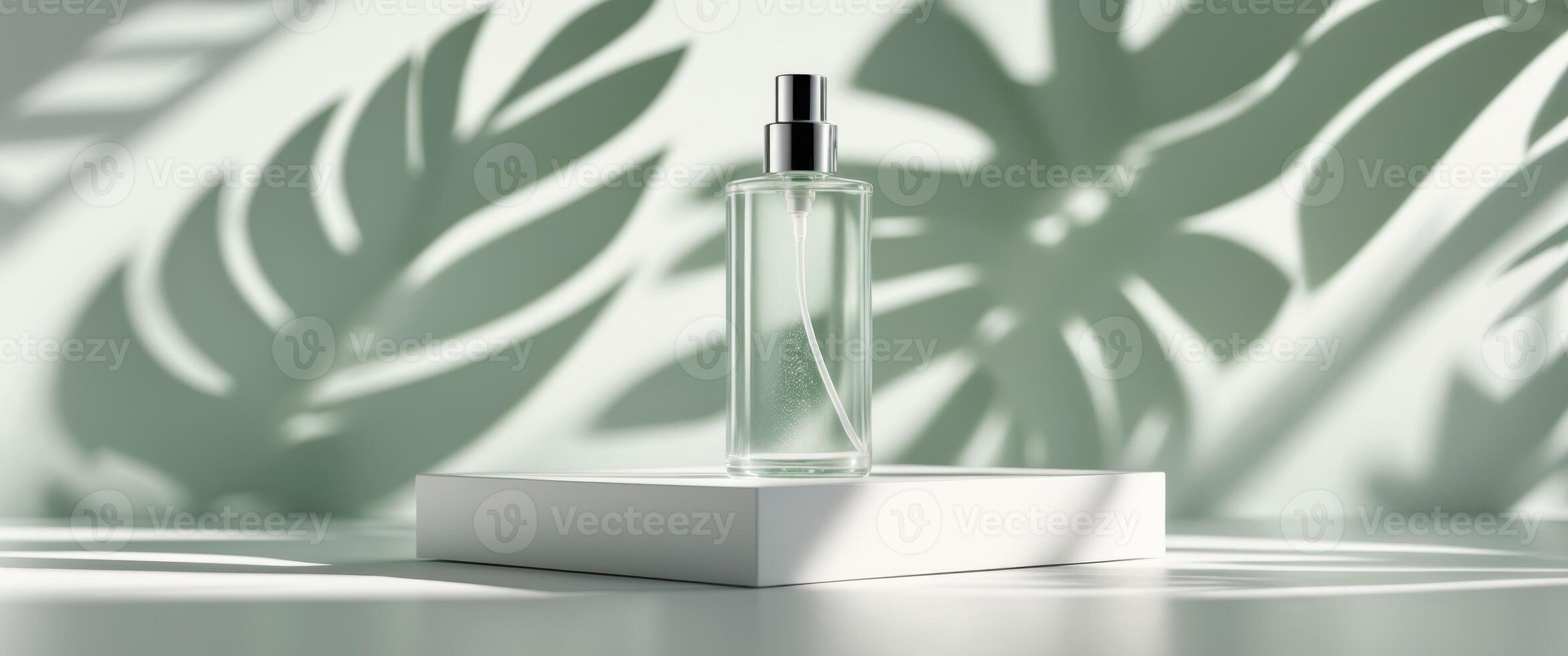 Sunlit Spray Bottle with Tropical Leaf Shadows. photo
