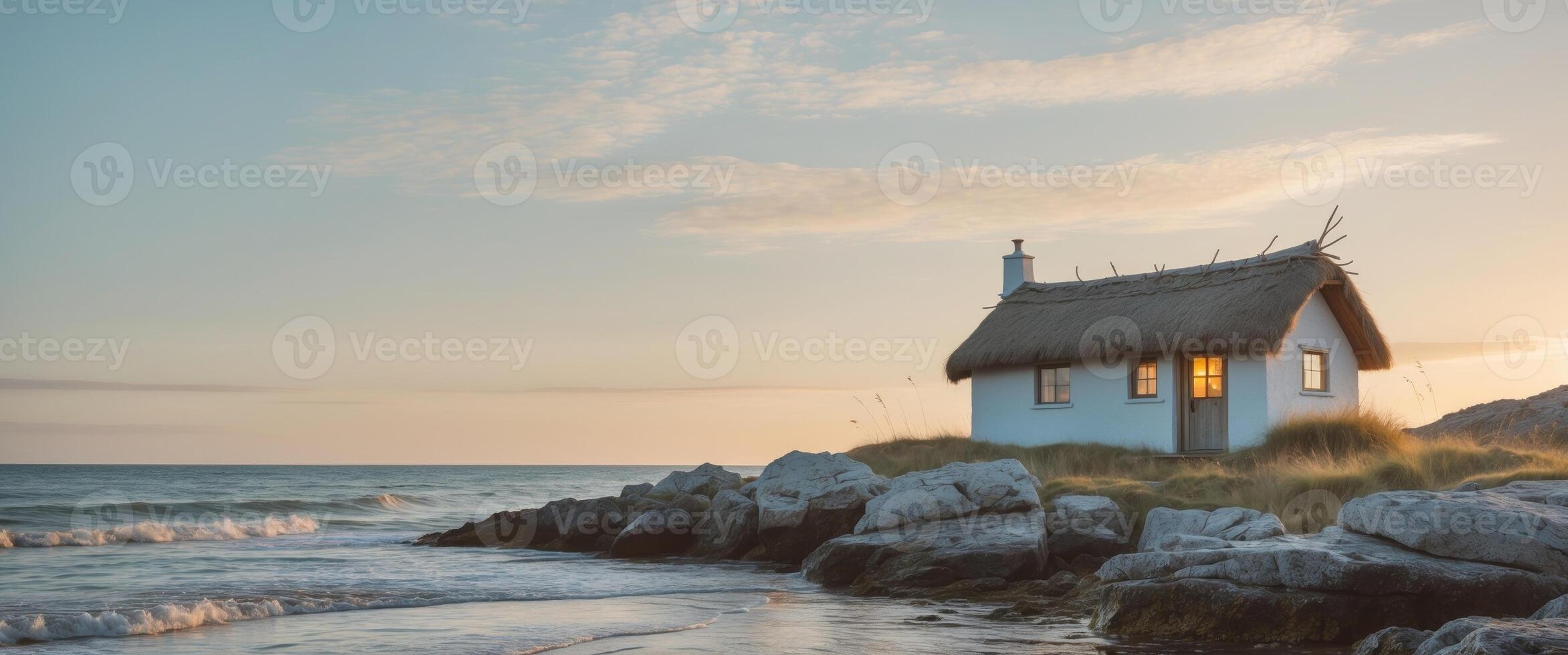 Sunset view from a seaside cottage with thatched roof on rocky shoreline. photo