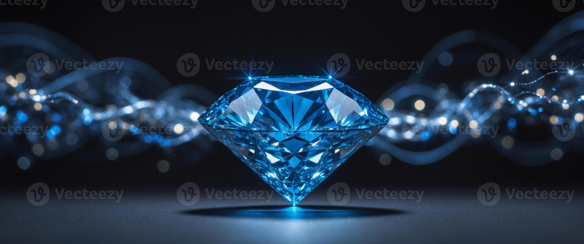 Sparkling Blue Diamond on Dark Background with Shimmering Light Effects. photo