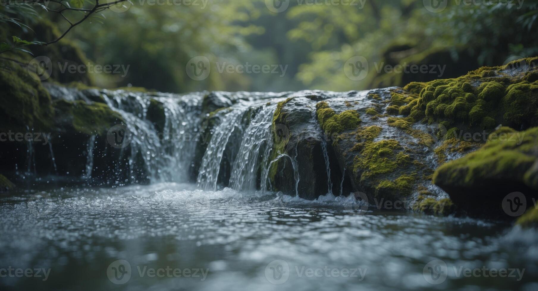 Small waterfall flows over rock creating dynamic cascade and splashes of water. photo