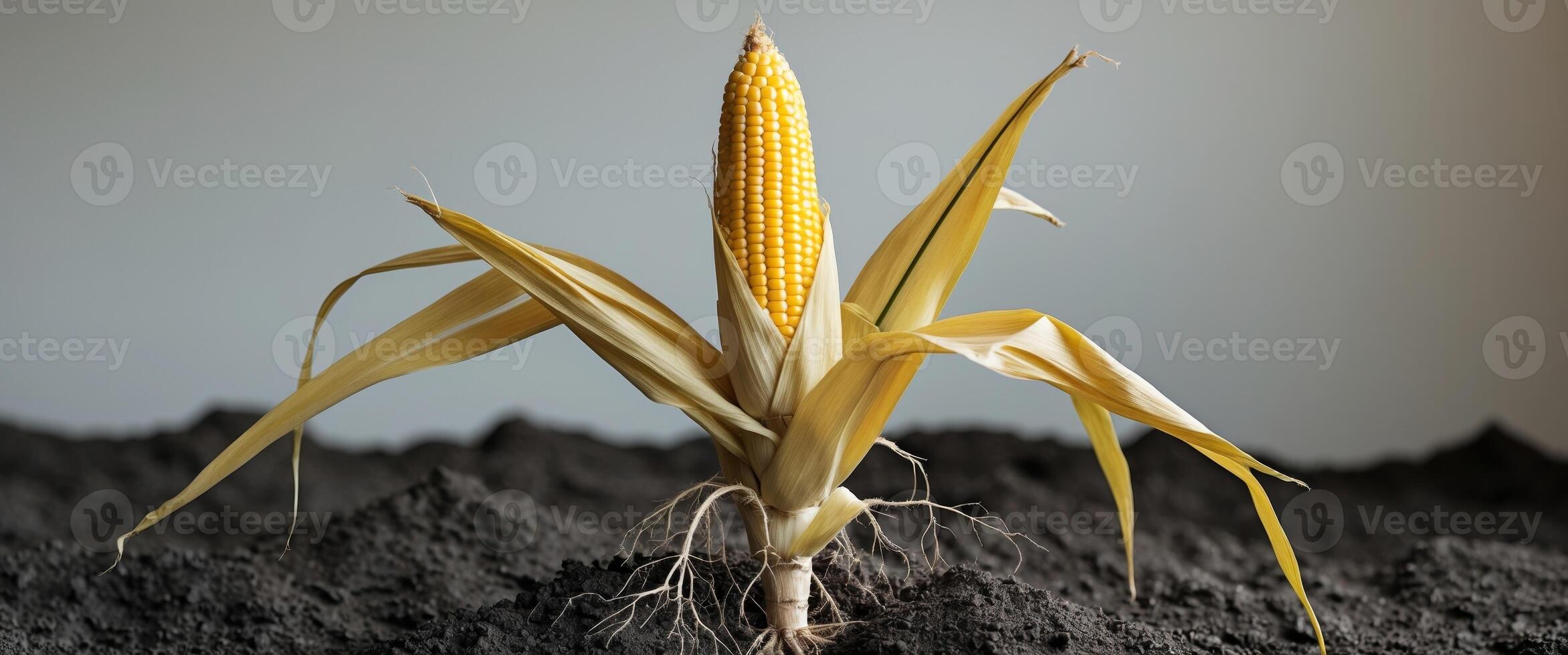 Ripe yellow corn cob on stalk husk partially open soil at base photo