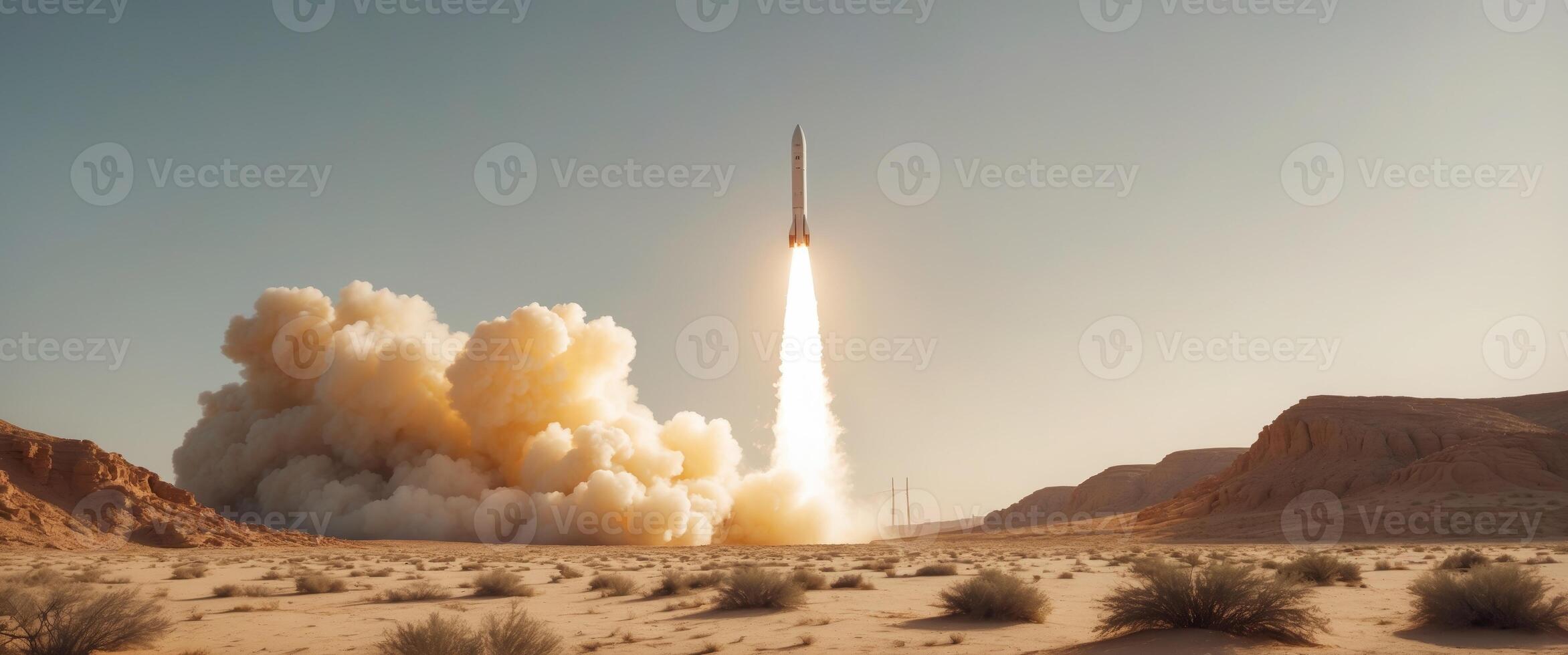 Rocket launching with cloud of smoke in the desert landscape photo