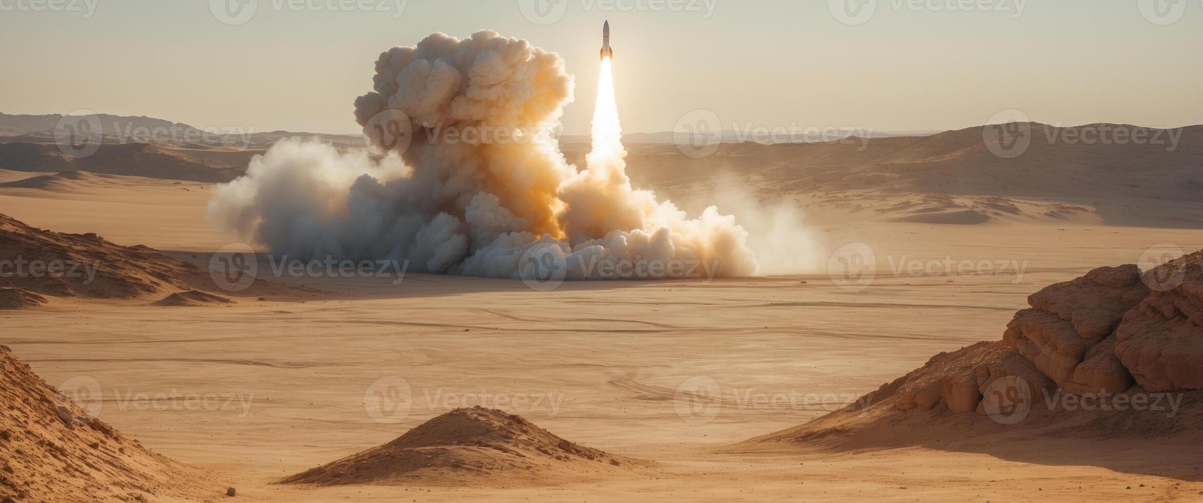Rocket launching with cloud of smoke in the desert landscape. photo