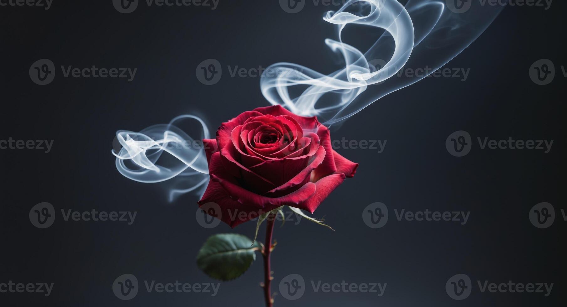 Red rose wrapped in smoke swirl on black background. photo
