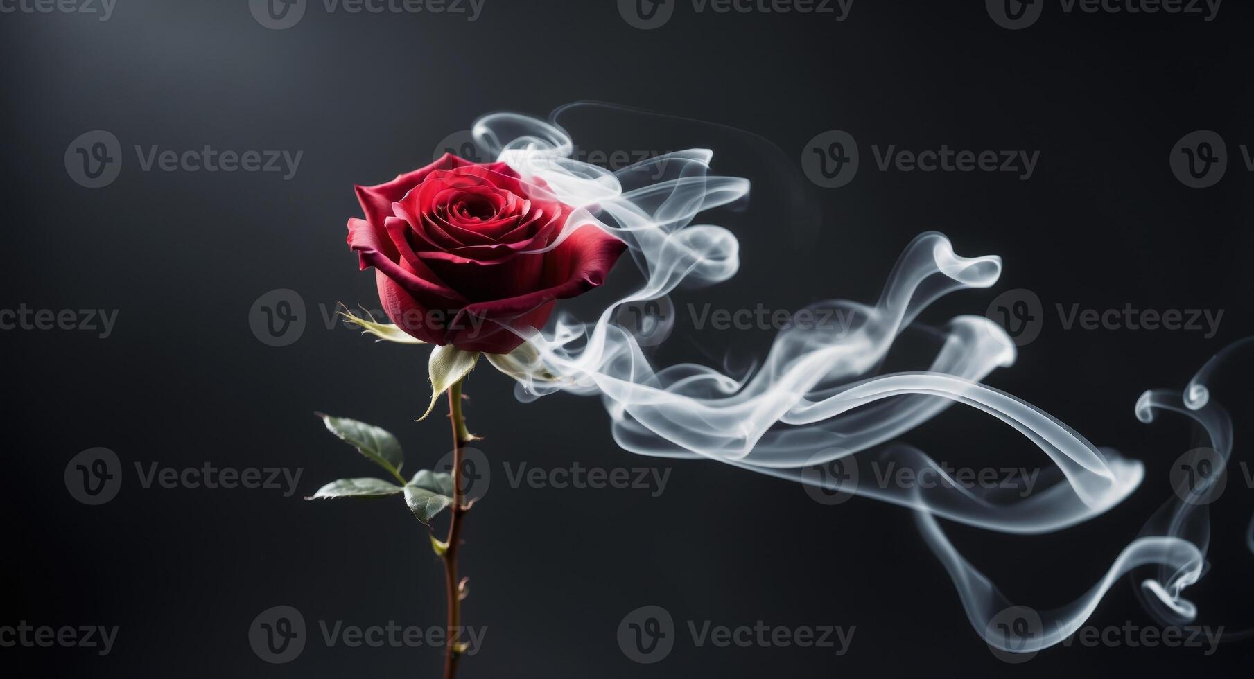 Red rose wrapped in smoke swirl on black background photo