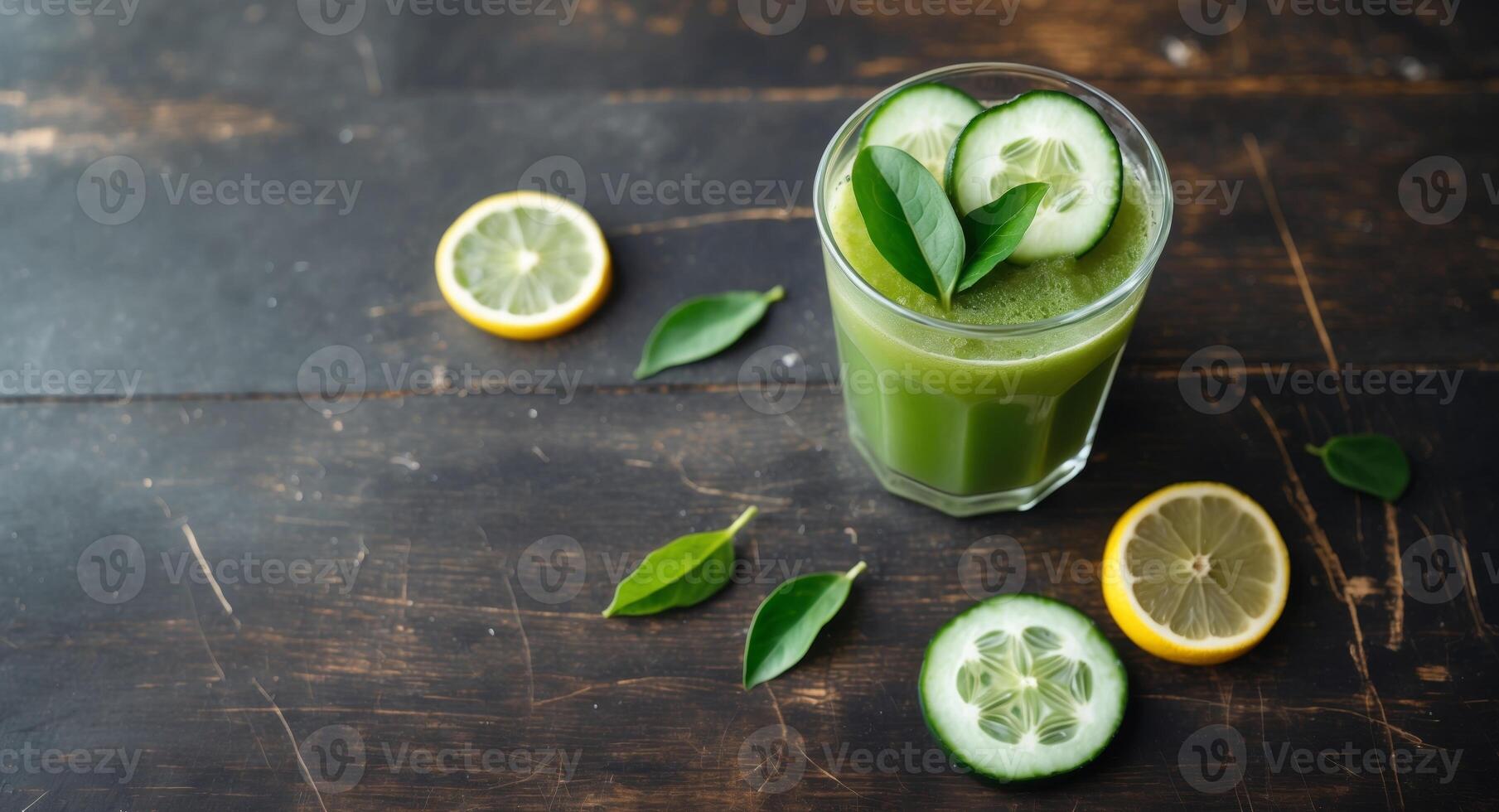Refreshing Green Juice with Cucumber and Lemon Slices in a Glass on a Wooden Table photo