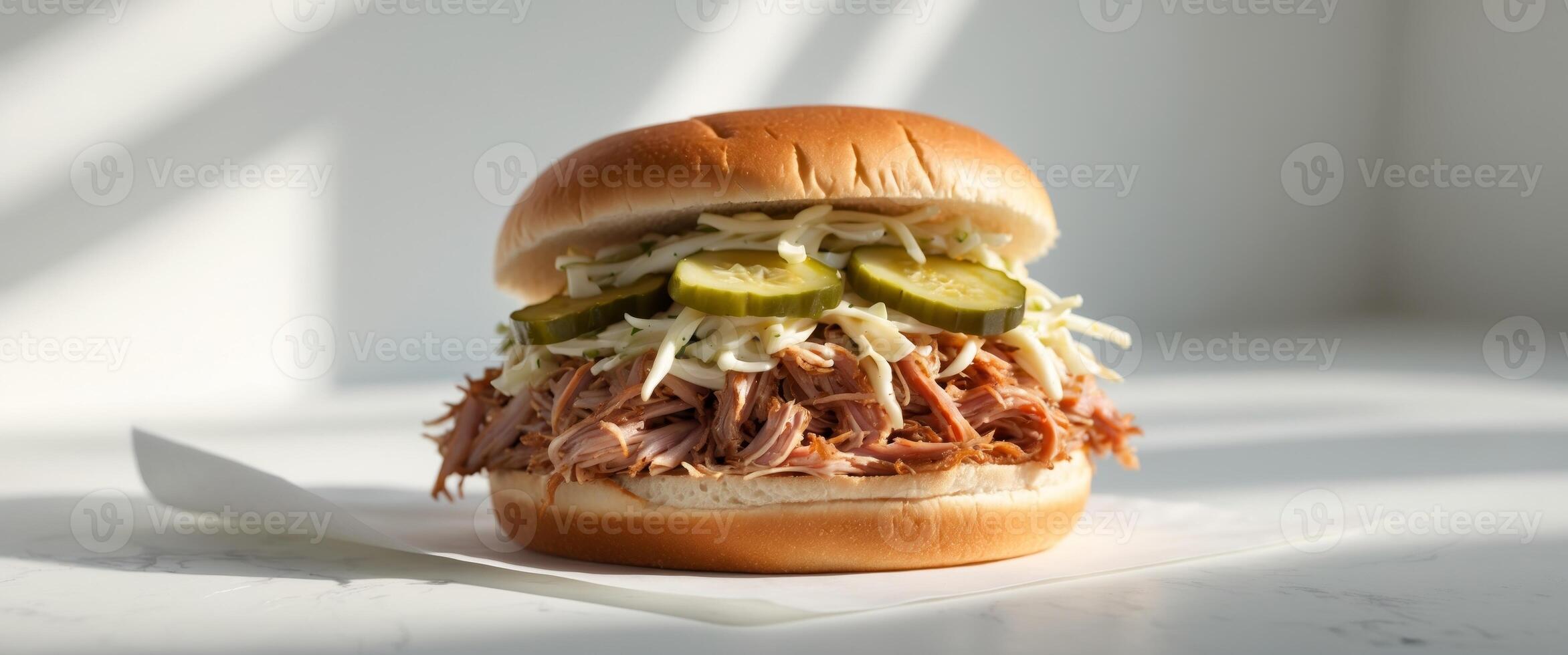 Pulled Pork Sandwich with Coleslaw and Pickles. photo