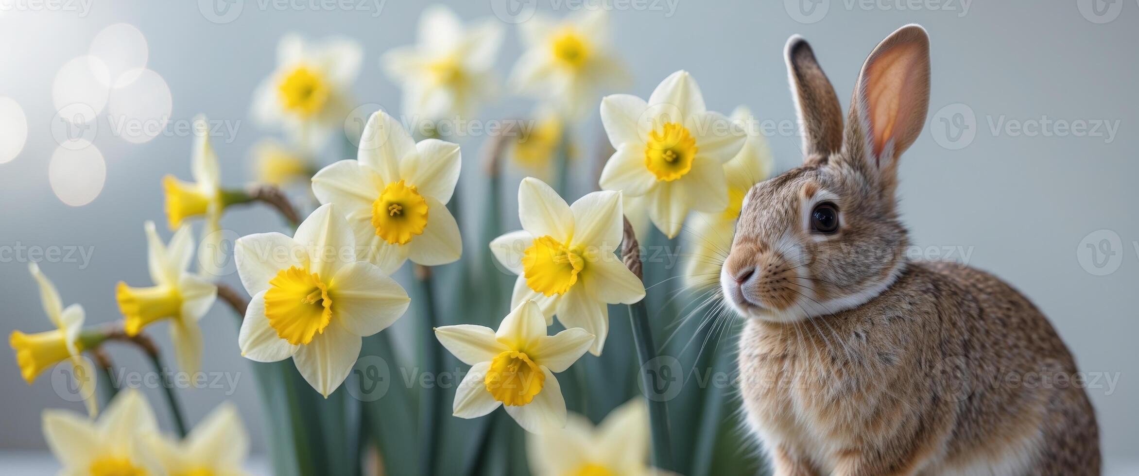 Rabbit Sitting Among Daffodils in Morning Light. photo