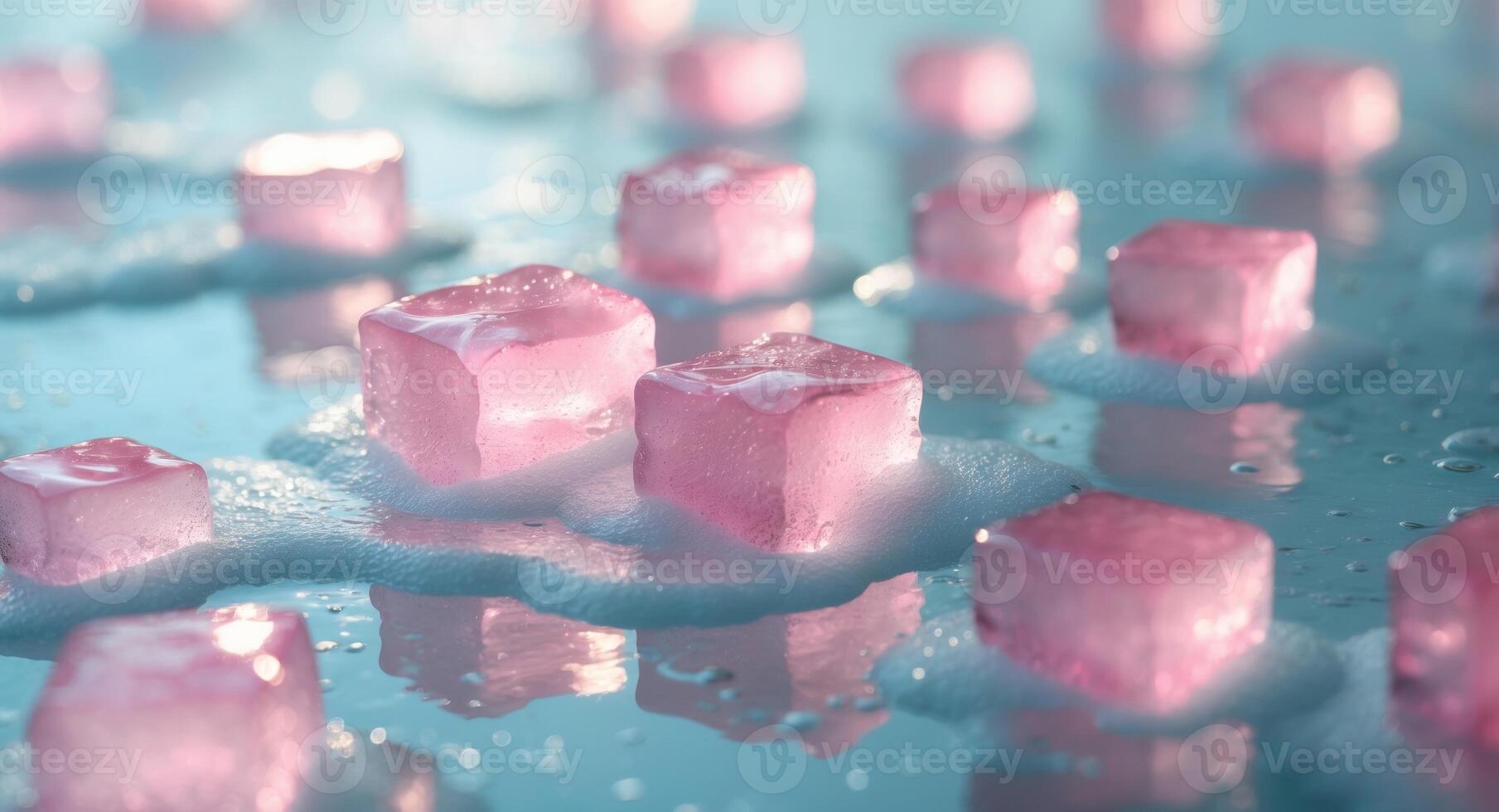 Pink Ice Cubes Crystal Clear Refreshing Close up Shimmering Glistening Abstract Background. photo