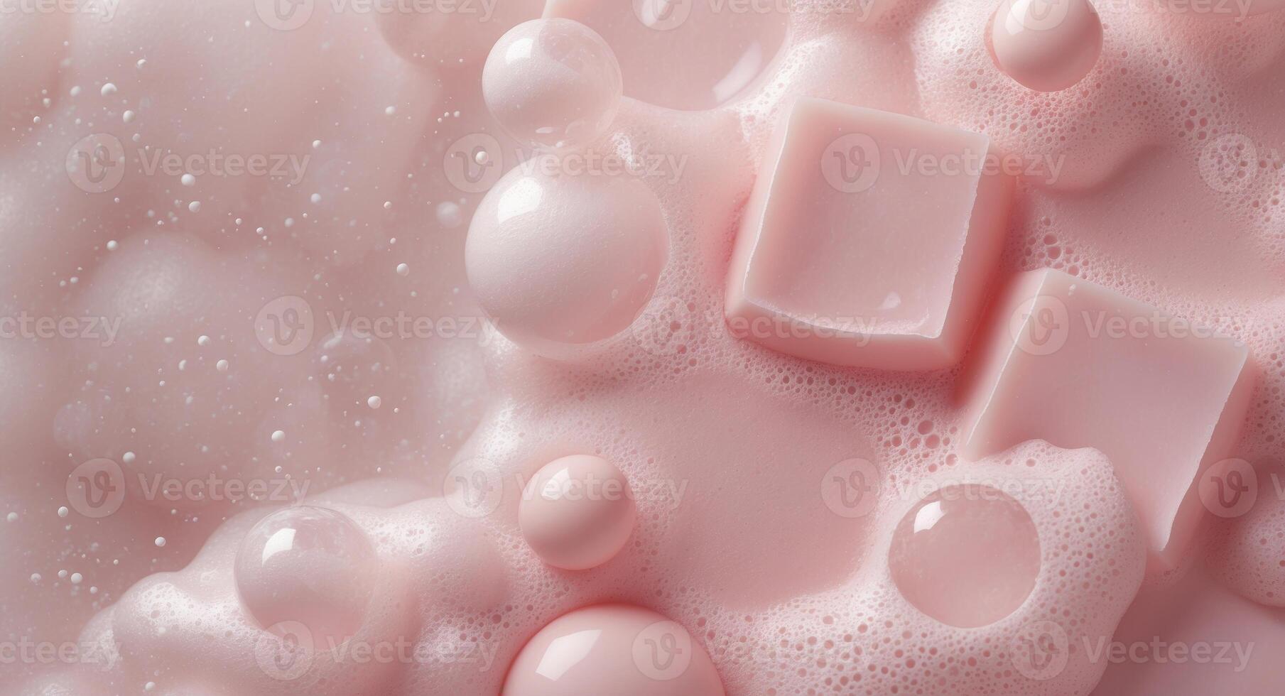 Pink Soap Suds Texture Background Abstract Close Up of Lather Bubbles and Pink Soap Bars. photo