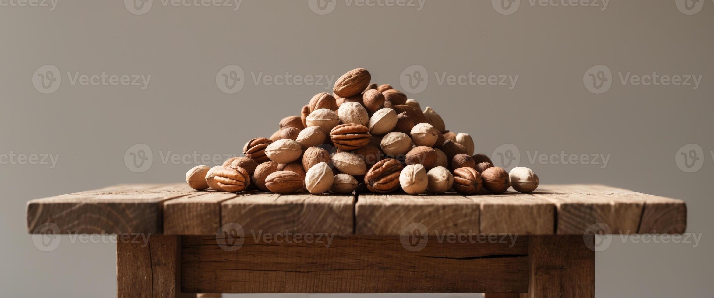 a pile of nuts sitting on top of a wooden table. photo