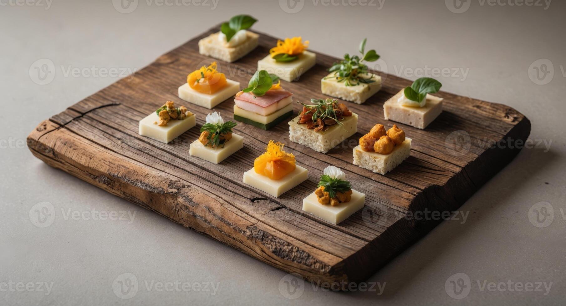Elegant catering samples displayed on a rustic wooden platter. photo